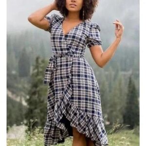 Joyfolie Pippa Blue and White Plaid High Low Wrap Dress